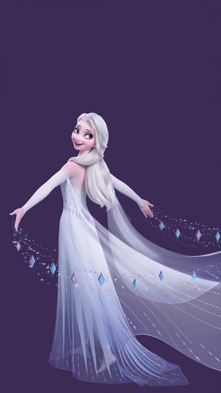 Elsa from Frozen 2 in flowing white gown with sparkling ice crystals against a deep purple background HD phone wallpaper