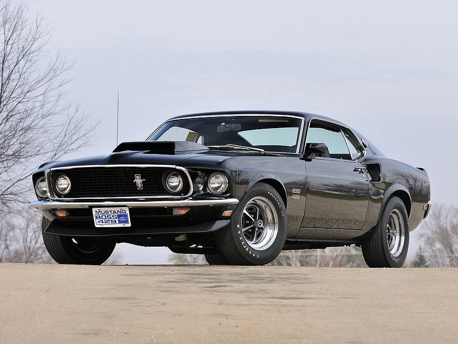 1969 Ford Mustang Boss 429 Black Classic Muscle Car Front Three-Quarter View HD wallpaper