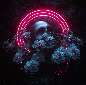 Cyber Skull with Neon Red Halo and Glowing Flowers Dark Aesthetic HD wallpaper