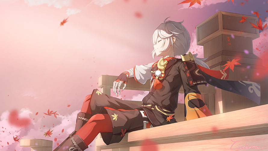 Kaedehara Kazuha from Genshin Impact Sitting on a Balcony Amidst Falling Maple Leaves HD wallpaper