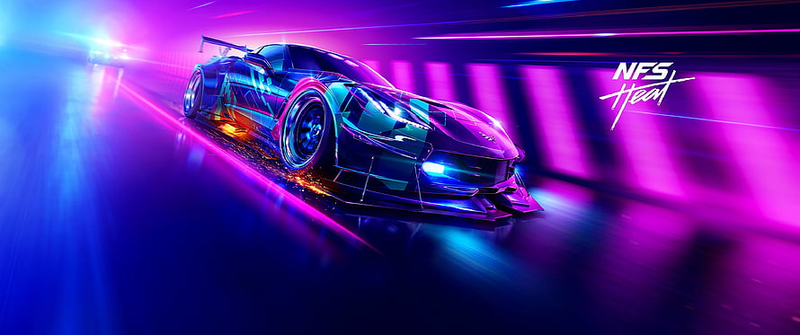Need For Speed Heat Corvette C8 Racing Car in Neon Cyberpunk City Night HD wallpaper