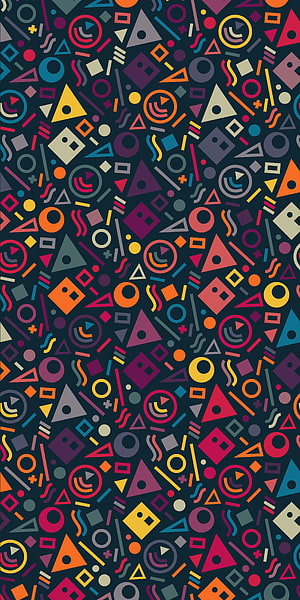Memphis Design Pattern with Vibrant Geometric Shapes on Dark Background HD phone wallpaper