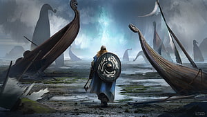 Viking Warrior Walking Through Misty Shore With Longships HD wallpaper