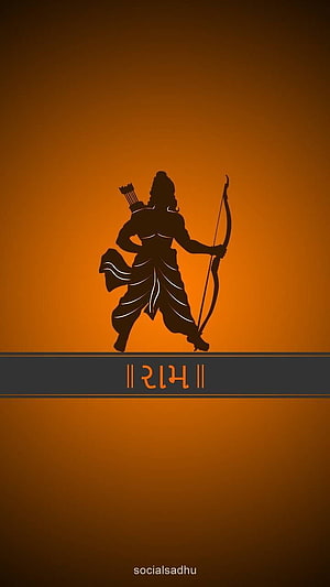 Silhouette of Lord Rama with Bow and Arrow on Orange Background HD phone wallpaper