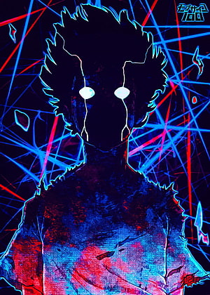 Neon Blue and Red Anime Character Silhouette with Glowing Eyes and Abstract Background HD phone wallpaper
