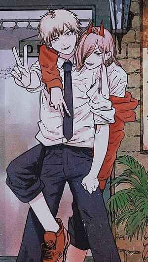 Denji and Power from Chainsaw Man posing together in school uniforms with a peace sign, mio, Power Chainsaw Man HD phone wallpaper