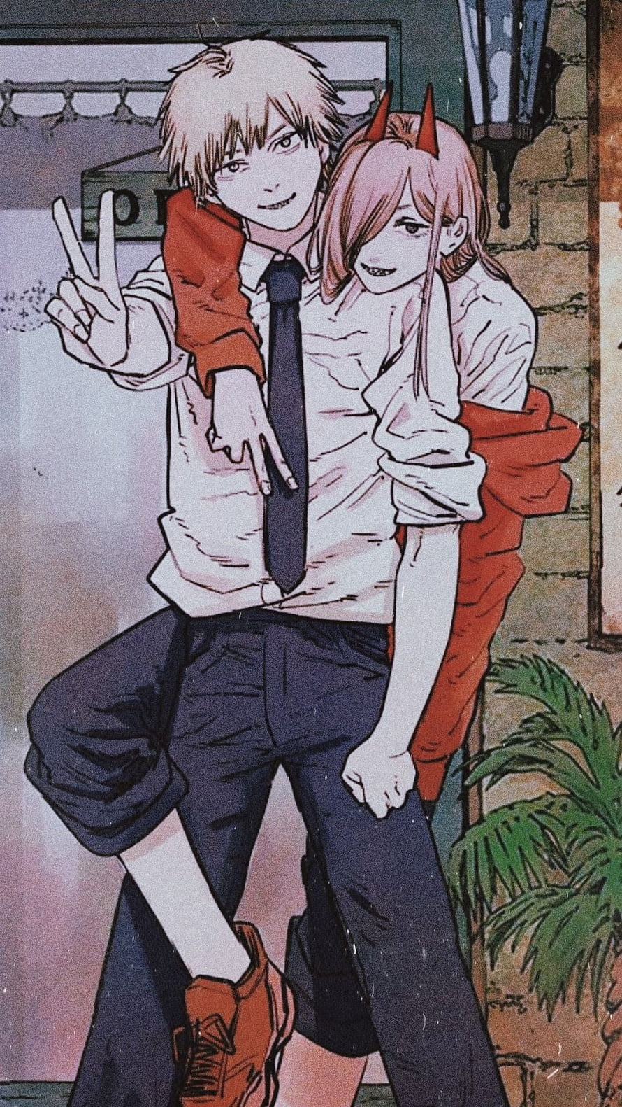 Denji and Power from Chainsaw Man posing together in school uniforms with a peace sign, mio, Power Chainsaw Man HD phone wallpaper