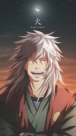 Jiraiya Sensei from Naruto smiling under a crescent moon with long white hair and traditional robes HD phone wallpaper
