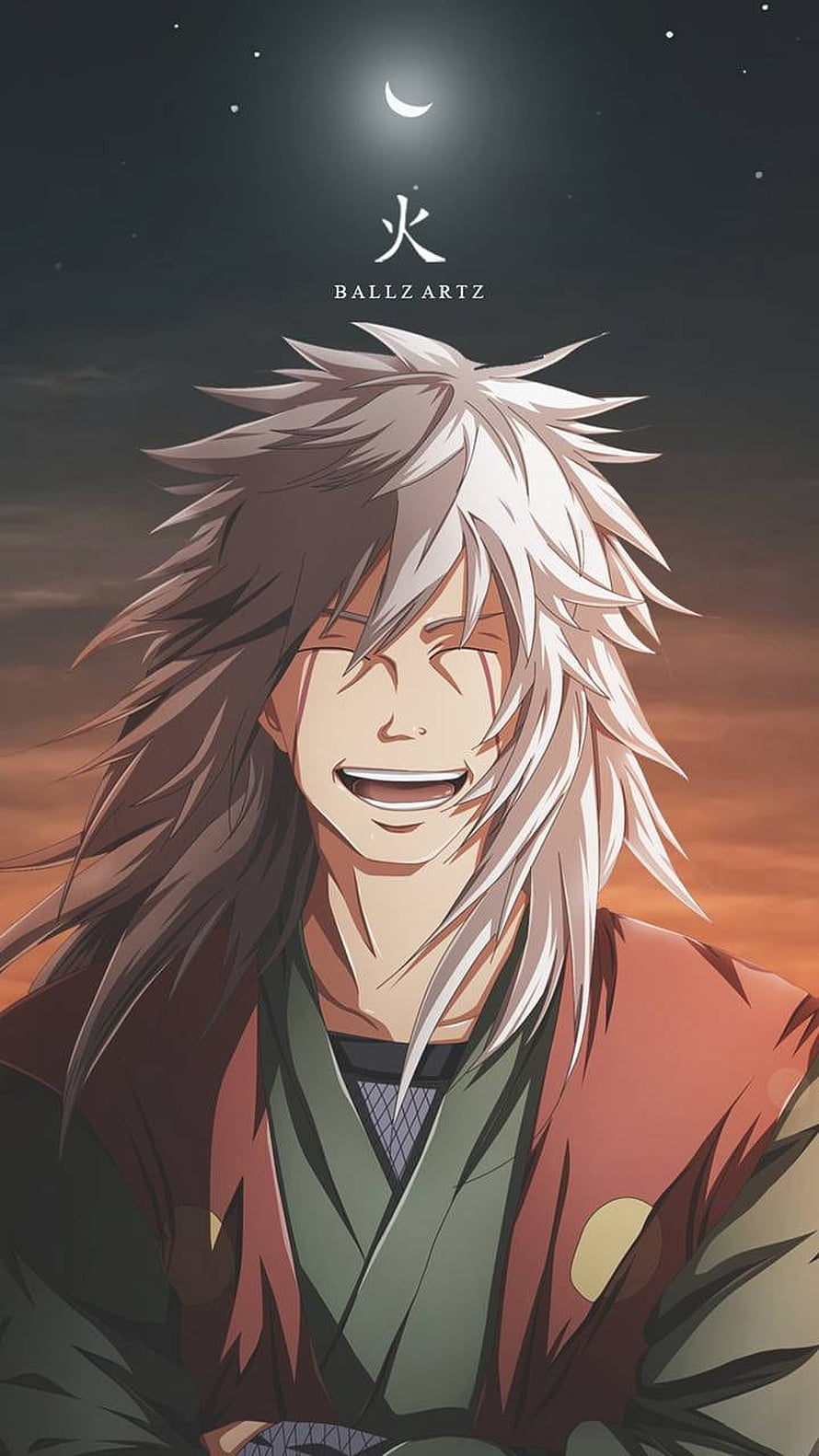 Jiraiya Sensei from Naruto smiling under a crescent moon with long white hair and traditional robes HD phone wallpaper