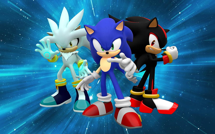 Sonic the Hedgehog, Silver, and Shadow posing together against a blue cosmic speed background HD wallpaper