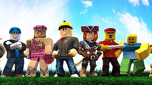 Group of Diverse Roblox Avatars Standing Together on Grass Under Blue Sky HD wallpaper