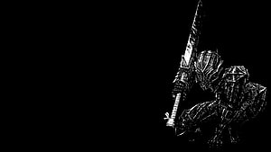 Dark Souls Knight Crouching With Greatsword Black And White Illustration HD wallpaper