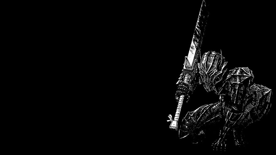 Dark Souls Knight Crouching With Greatsword Black And White Illustration HD wallpaper