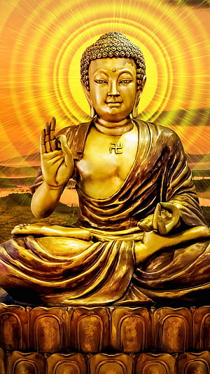 Golden Buddha Statue in Meditation with Radiant Halo and Serene Landscape HD phone wallpaper