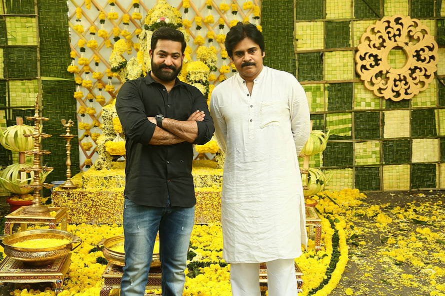 Pawan Kalyan and Trivikram Srinivas at NTR 28 Movie Launch Event HD wallpaper