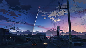 Anime Japanese Town at Dusk with Meteor Streaking Across Twilight Sky HD wallpaper
