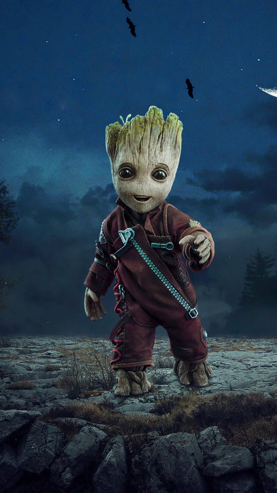 Baby Groot from Guardians of the Galaxy standing in a dark forest at night HD phone wallpaper