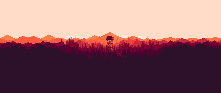 Minimalist Vector Sunset Landscape With Watchtower And Pine Forest Silhouette HD wallpaper