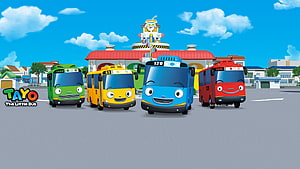Tayo The Little Bus Animated Team of Colorful Vehicles in Sunny Town Square HD wallpaper