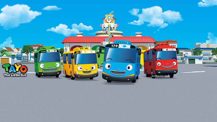 Tayo The Little Bus Animated Team of Colorful Vehicles in Sunny Town Square HD wallpaper