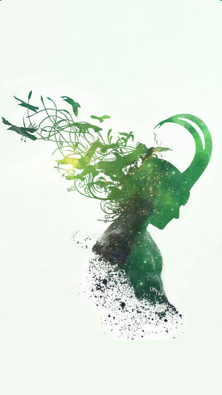 Loki Green Nature Silhouette with Birds and Vines Artistic Wallpaper HD phone wallpaper