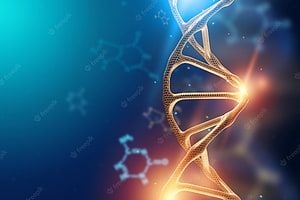 Glowing DNA Double Helix with Molecular Structures on a Blue Gradient Background HD wallpaper