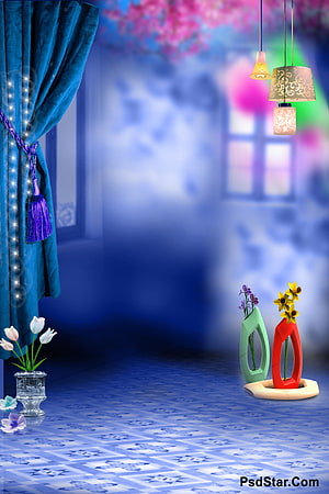 Blue Interior Room With Hanging Lamps And Floral Vases HD phone wallpaper