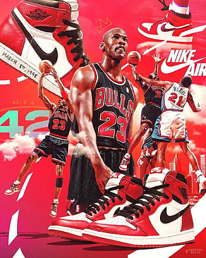Michael Jordan Chicago Bulls Poster Featuring Air Jordan 1 Sneakers and Classic Dunking Action HD phone wallpaper
