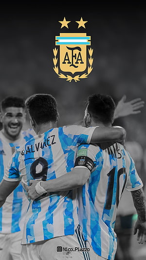 Argentina National Team Players Julian Alvarez and Lionel Messi Celebrating Victory HD phone wallpaper
