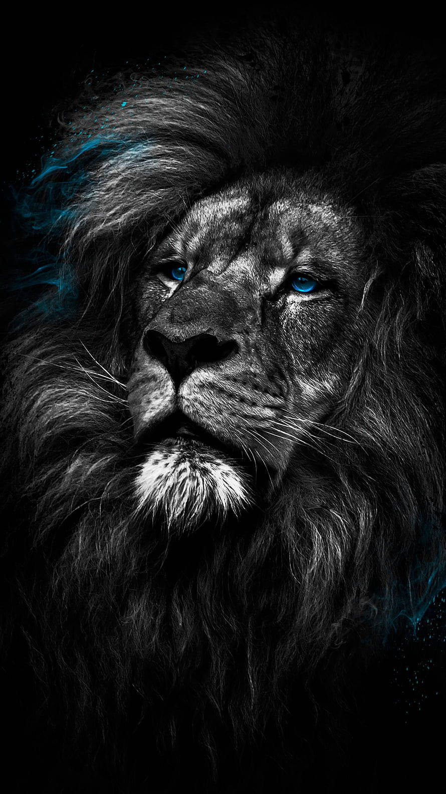 Majestic Black Lion Portrait with Glowing Blue Eyes and Mystical Smoke HD phone wallpaper