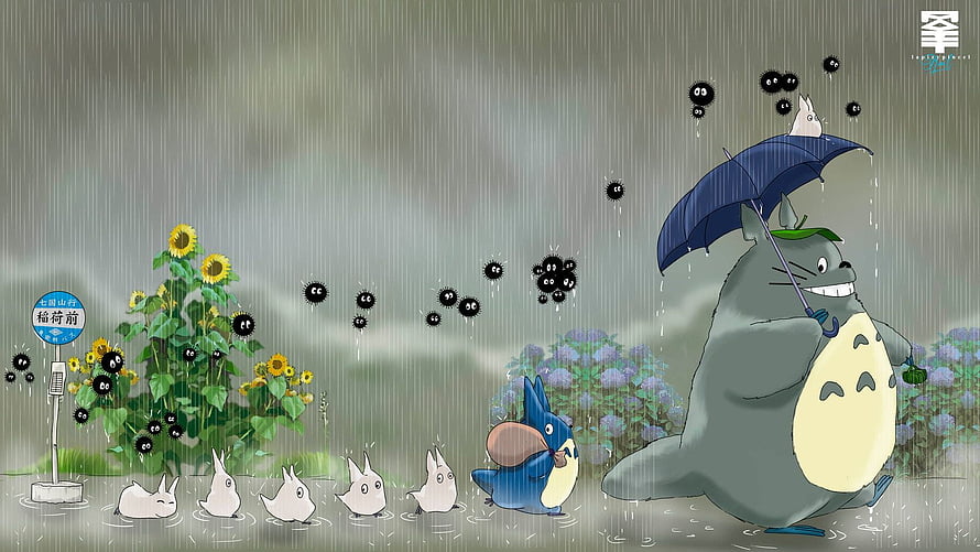 Totoro and Friends Waiting in the Rain at the Bus Stop with Sunflowers HD wallpaper