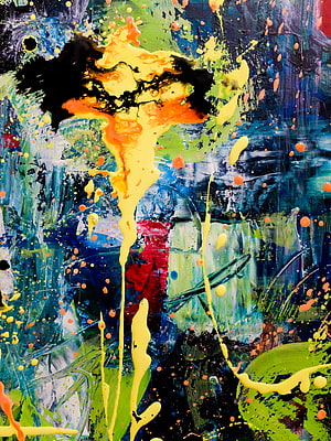 Vibrant Abstract Expressionist Painting with Bold Yellow and Blue Paint Splatters HD phone wallpaper