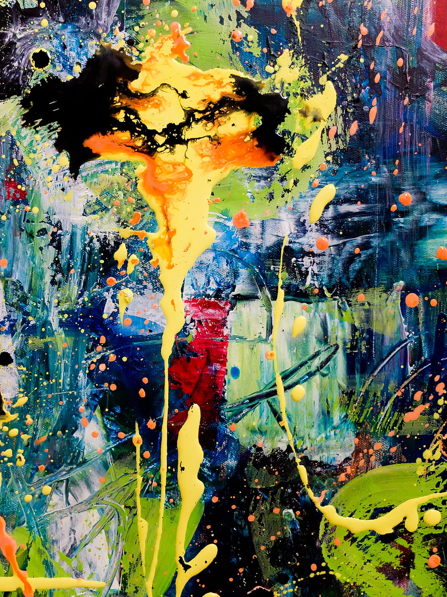 Vibrant Abstract Expressionist Painting with Bold Yellow and Blue Paint Splatters HD phone wallpaper