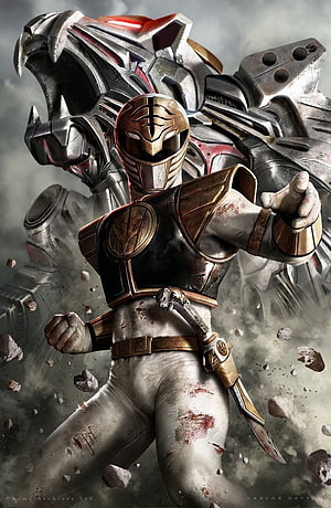 White Power Ranger in battle stance with giant mecha robot behind him HD phone wallpaper