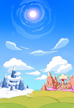 Adventure Time Landscape with Candy Kingdom and Ice Kingdom Under Swirling Sky HD phone wallpaper
