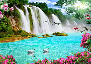 Serene Waterfall Landscape with Turquoise Lake, White Swans, and Vibrant Pink Flowers HD wallpaper