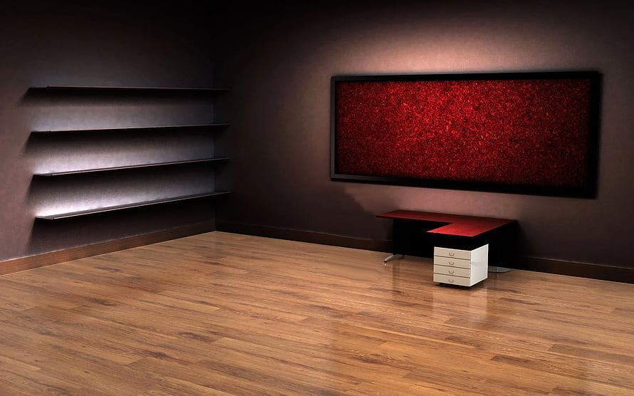 Modern Minimalist Home Office with Dark Walls and Red Accent Desk HD wallpaper