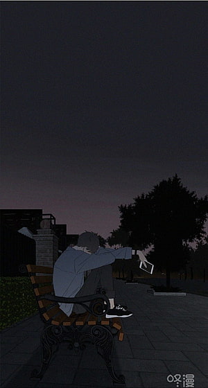Sad Anime Boy Sitting on Park Bench at Night Looking at Phone HD phone wallpaper