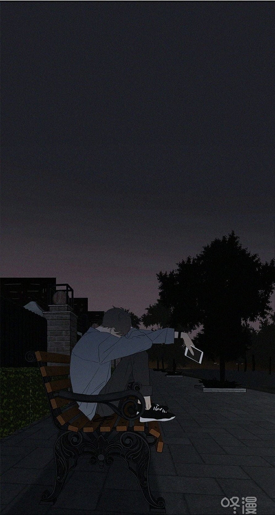Sad Anime Boy Sitting on Park Bench at Night Looking at Phone HD phone wallpaper