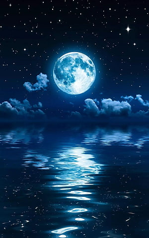 Serene Night Sky With Glowing Full Moon Reflected In Calm Ocean Waters HD phone wallpaper