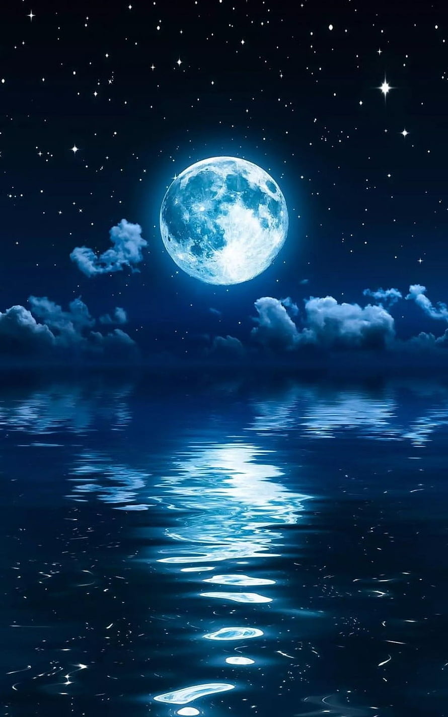 Serene Night Sky With Glowing Full Moon Reflected In Calm Ocean Waters HD phone wallpaper