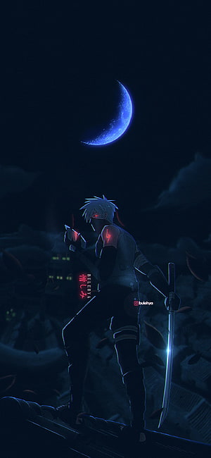 Kakashi Hatake standing on a rooftop under a glowing blue crescent moon with glowing red eyes and a kunai HD phone wallpaper