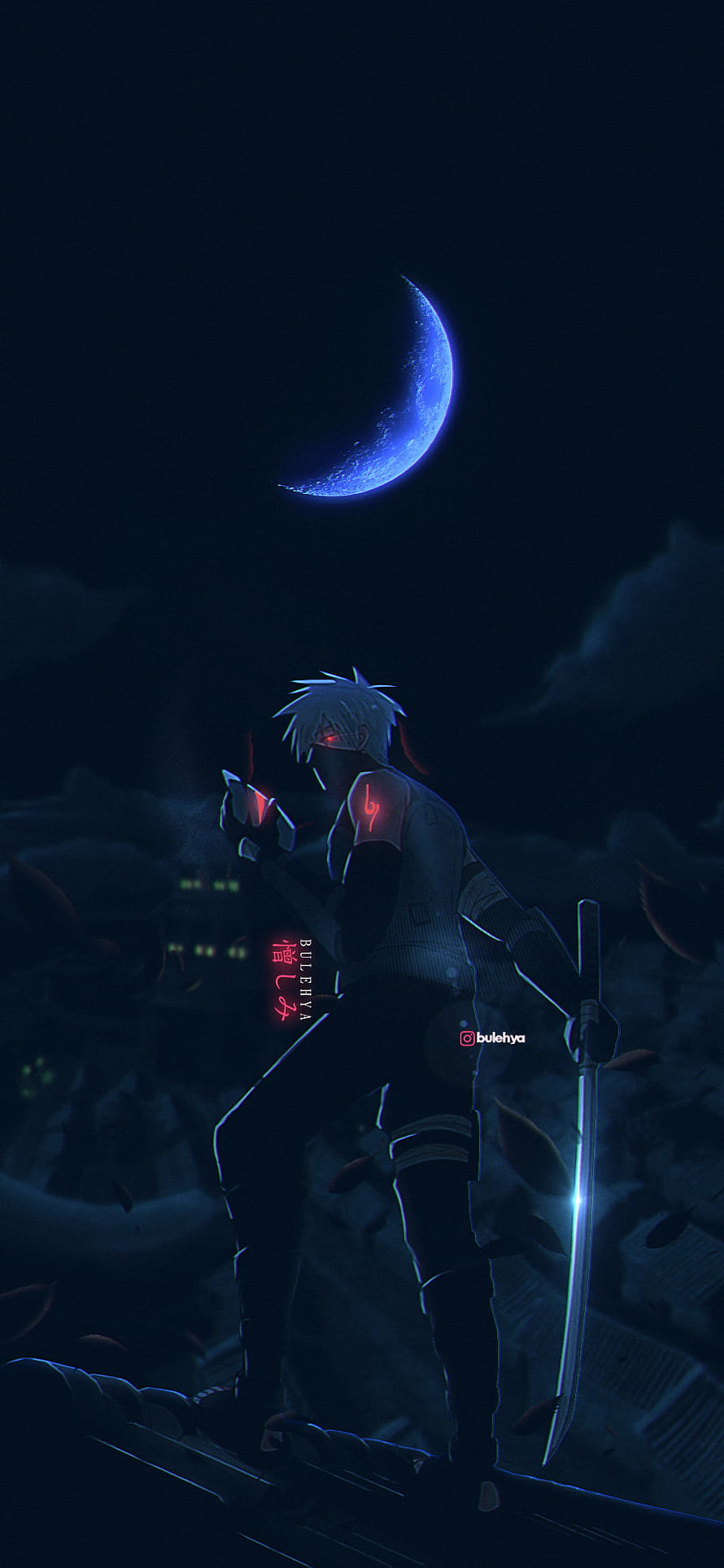 Kakashi Hatake standing on a rooftop under a glowing blue crescent moon with glowing red eyes and a kunai HD phone wallpaper