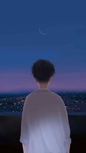 Anime Boy Looking At Crescent Moon Over City Lights At Night HD phone wallpaper