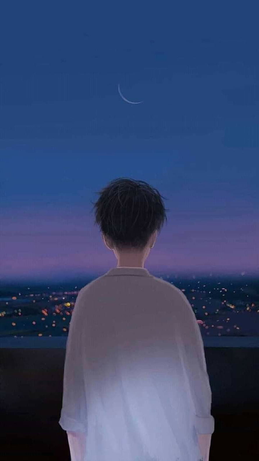 Anime Boy Looking At Crescent Moon Over City Lights At Night HD phone wallpaper