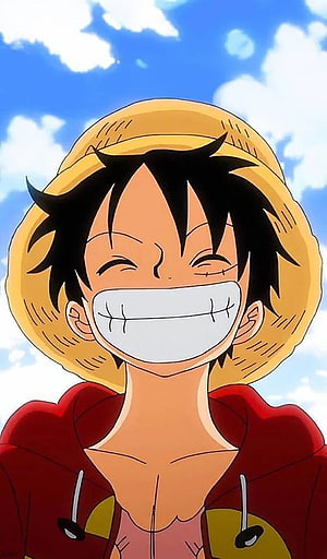 Luffy Smiling in Straw Hat and Red Hoodie Against Blue Sky HD phone wallpaper