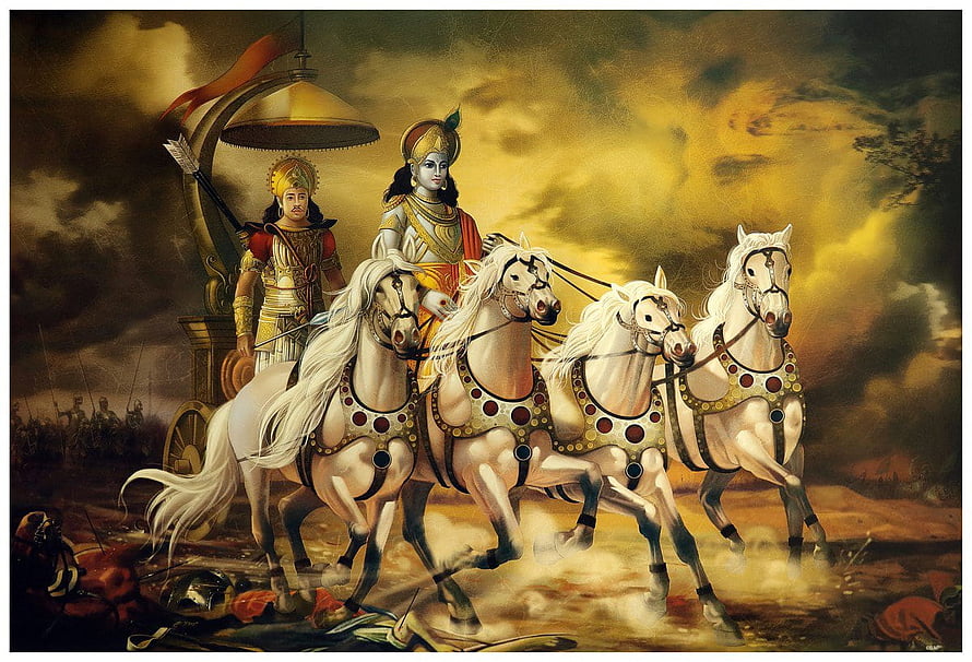 Arjuna and Krishna in the Chariot from the Mahabharata Epic Battle Scene HD wallpaper