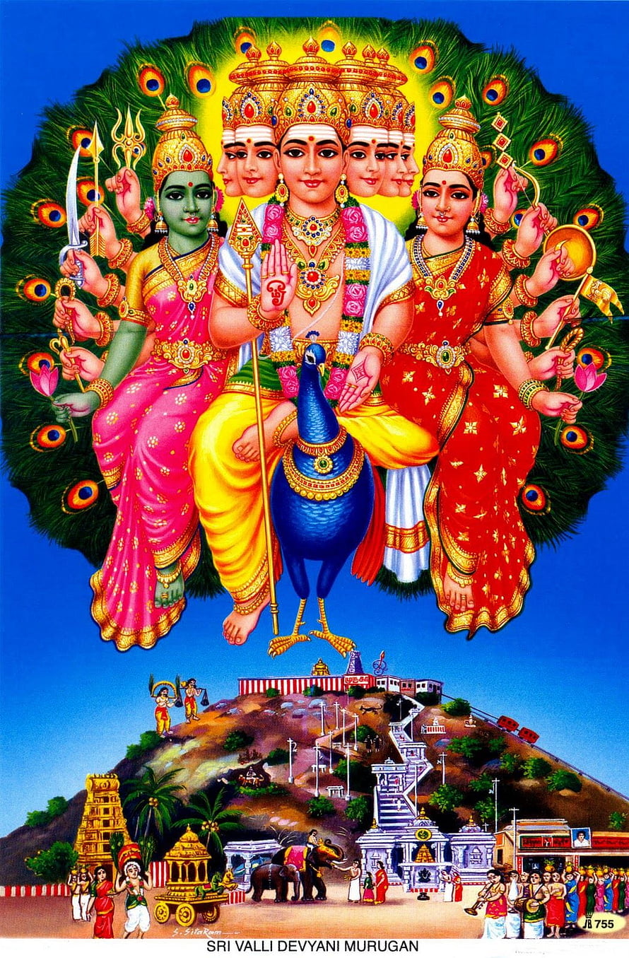 Sri Murugan with Valli and Deivanai on Peacock with Temple Scene Below HD phone wallpaper
