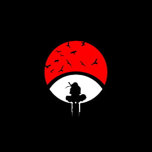 Itachi Uchiha Silhouette Under Red Moon with Bats in Minimalist Dark Style HD phone wallpaper