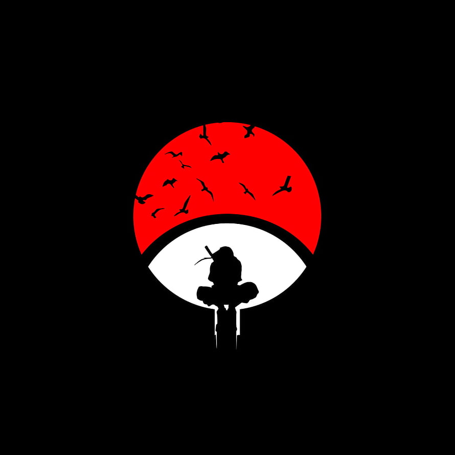 Itachi Uchiha Silhouette Under Red Moon with Bats in Minimalist Dark Style HD phone wallpaper